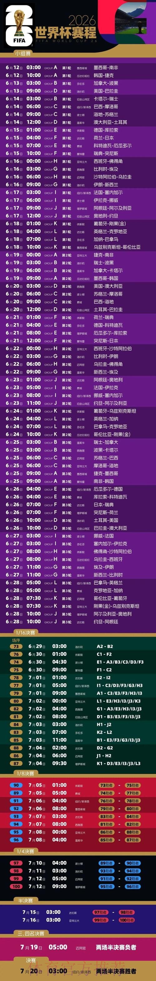 2026世界杯完整赛事时间安排详情 2026世界杯完整赛事时间安排详情